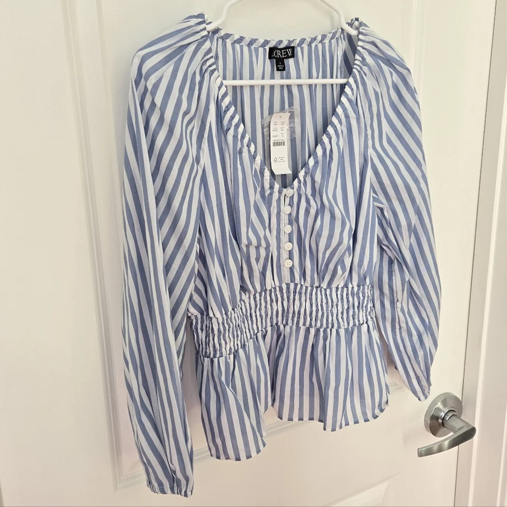 NWT J.Crew V-Neck Smocked Waist Striped Top Sz S - Picture 5 of 14
